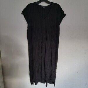 Eileen Fisher Cap Sleeve Tencel Stretch Ribbed Midi Dress Black Size Medium